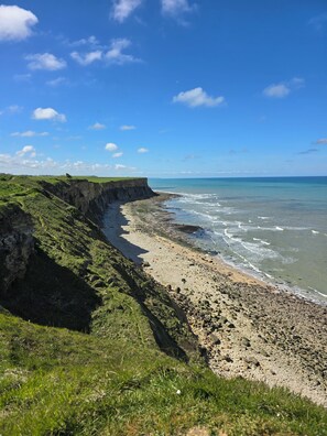 Un paysage côtier avec une falaise, une plage et l’océan.