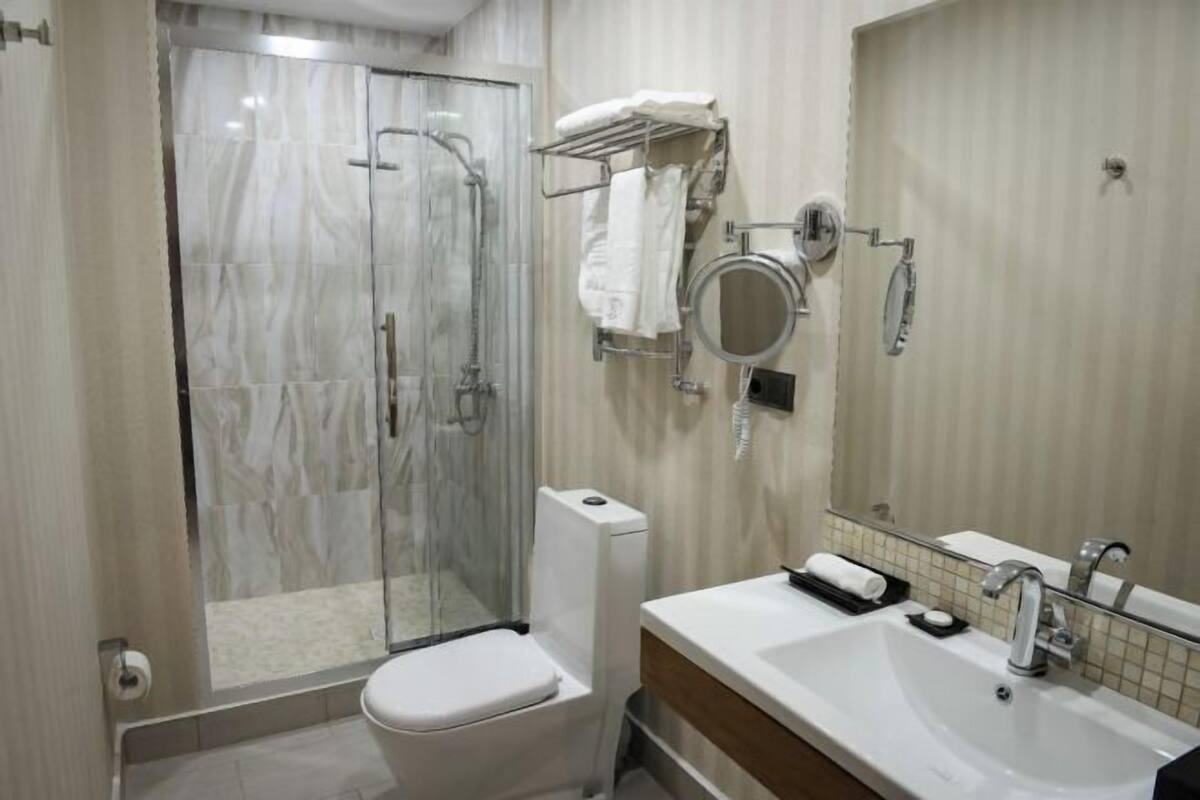 Et badeværelse med en bruseniche med glasvægge, toilet, vask med spejl og et håndklædestativ.