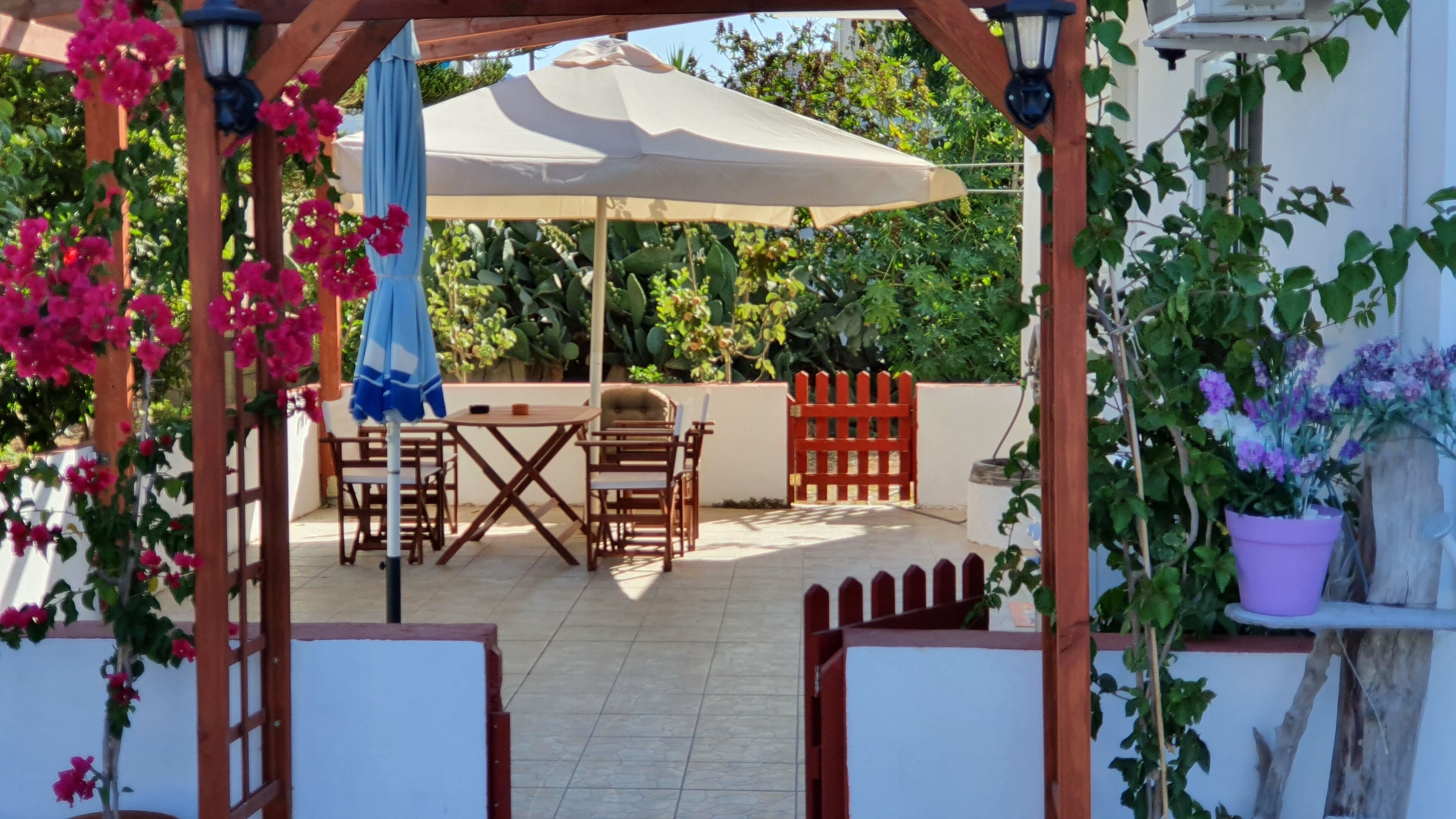 An outdoor patio with a wooden pergola, a table and chairs, a barbecue grill, and potted plants.