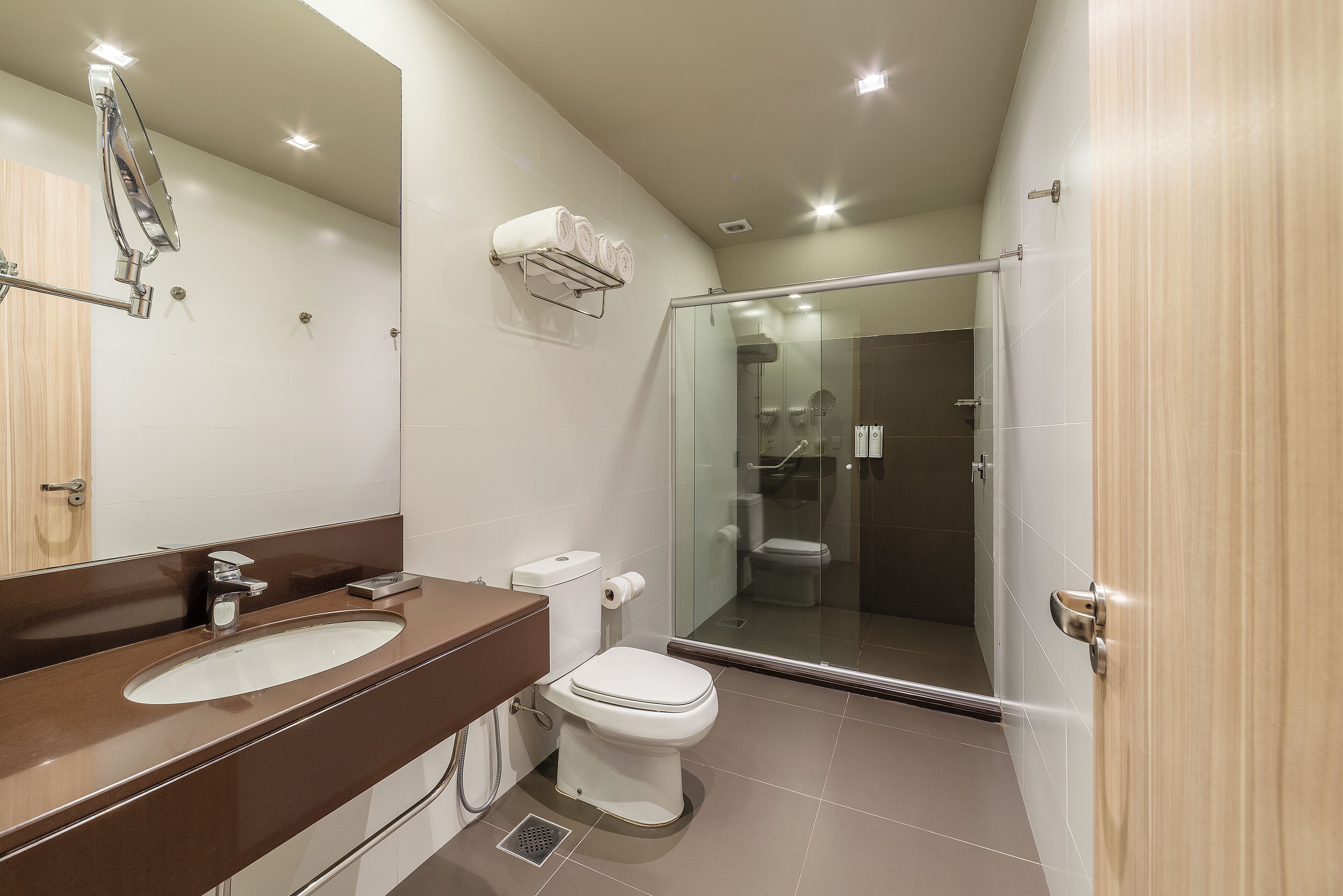 A modern bathroom with a glass shower enclosure, a sink, and a toilet.