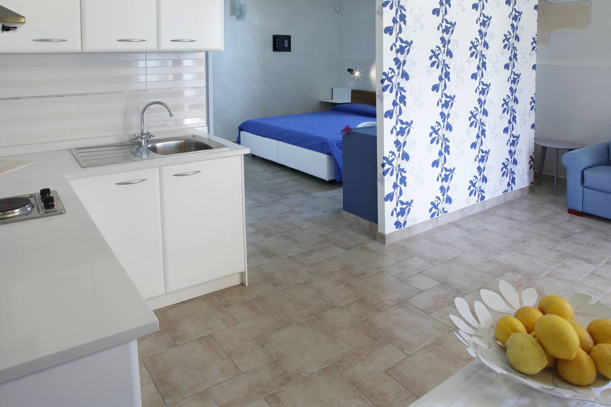 A modern kitchen with a sink, cabinets, and a countertop. There is a bed with a blue bedspread in the background. A white flower-patterned curtain is partially visible.