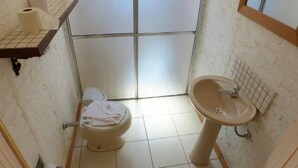 A small bathroom with a toilet, sink, and a shelf with toilet paper. - Pousada Cesar (São Bento do Sapucaí)