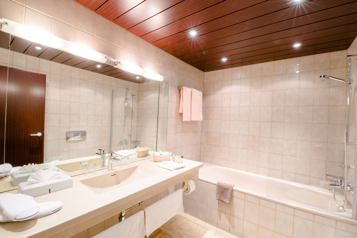 free toiletries, hair dryer, bidet, towels