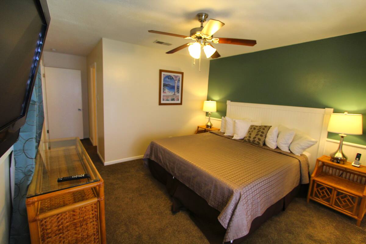 A bedroom with a bed, a ceiling fan, a nightstand with a lamp, and a television on a stand.