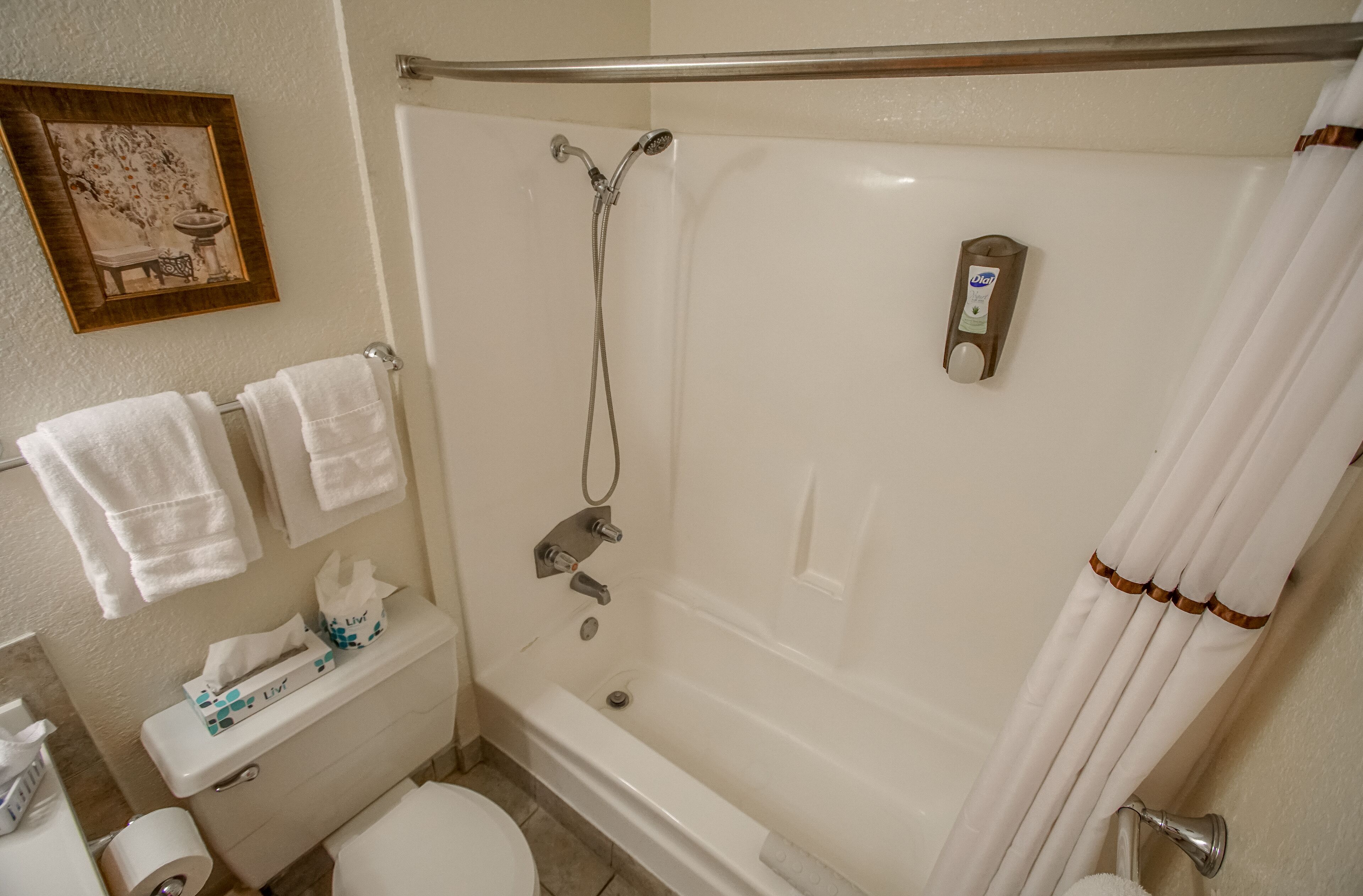 A bathroom with a bathtub, toilet, and a handrail.