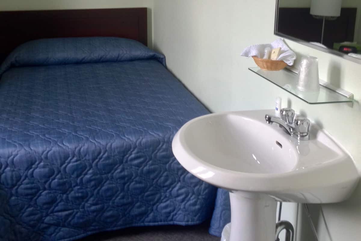 A hotel room with a bed, a white sink, and a mirror.