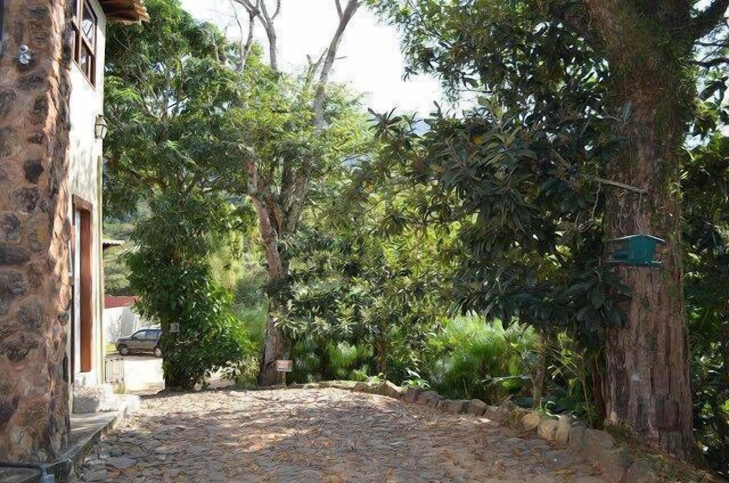 A cobblestone path leading to a stone building with a rustic appearance, surrounded by lush greenery and trees.