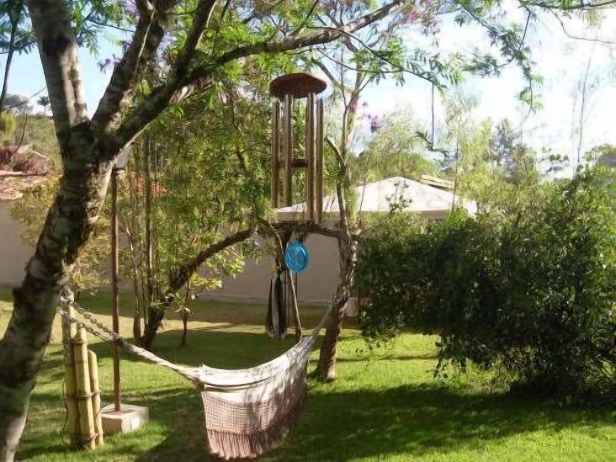 A hammock suspended between trees in a grassy area.