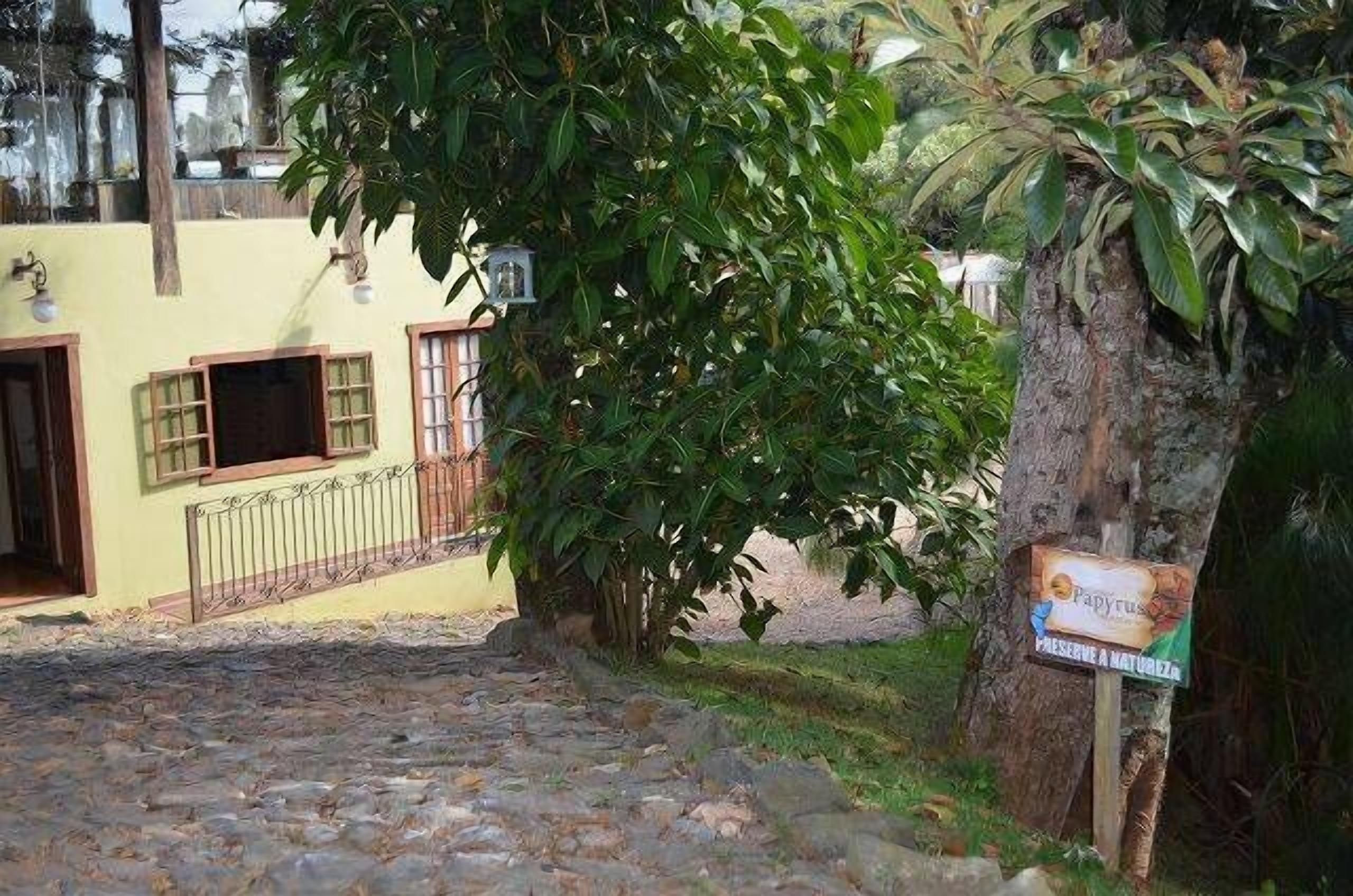 Un sendero adoquinado conduce a un edificio amarillo con una ventana y una puerta, rodeado de abundante vegetación y un letrero que dice 