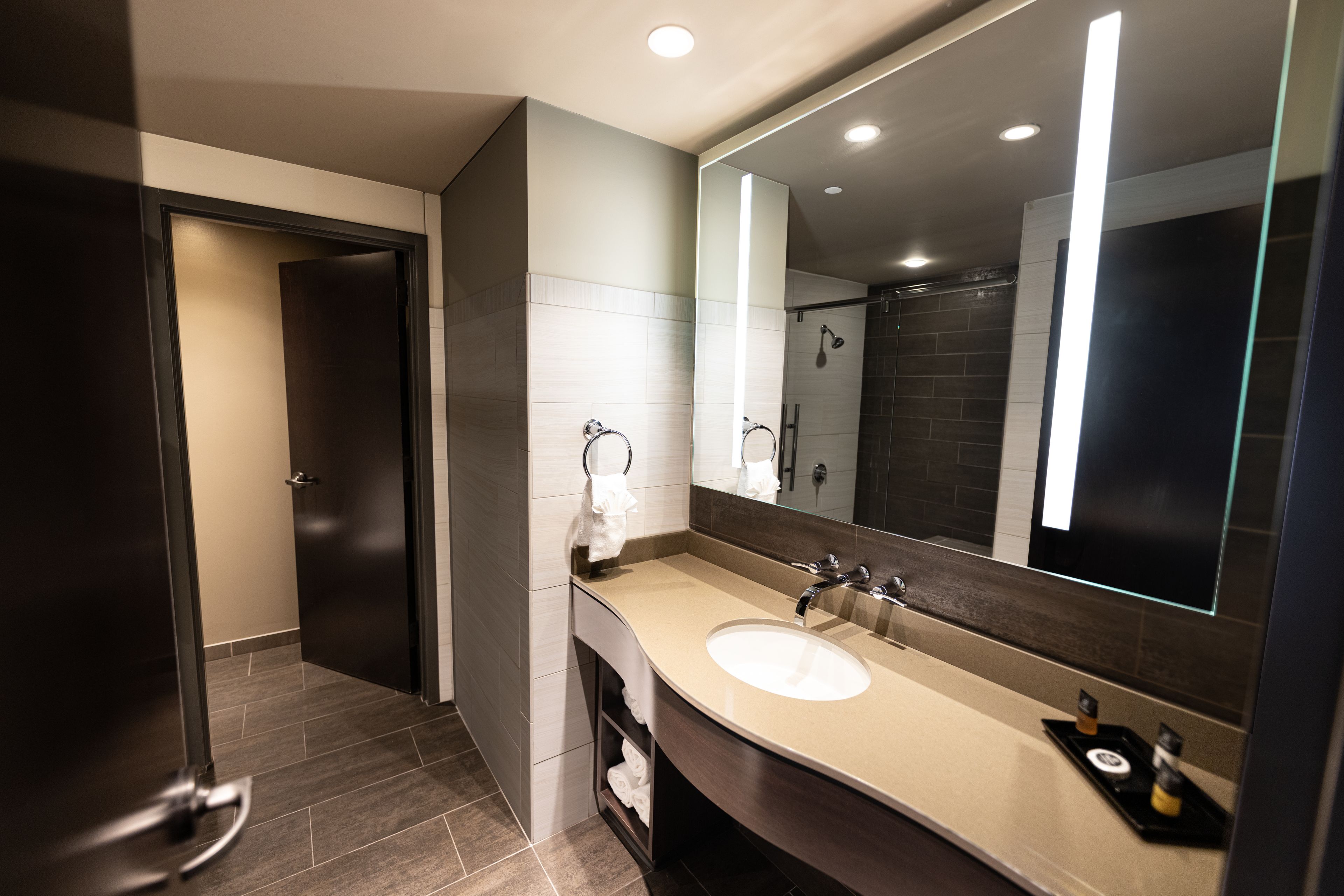 Een moderne badkamer met een grote spiegel, een wastafel en een douche.