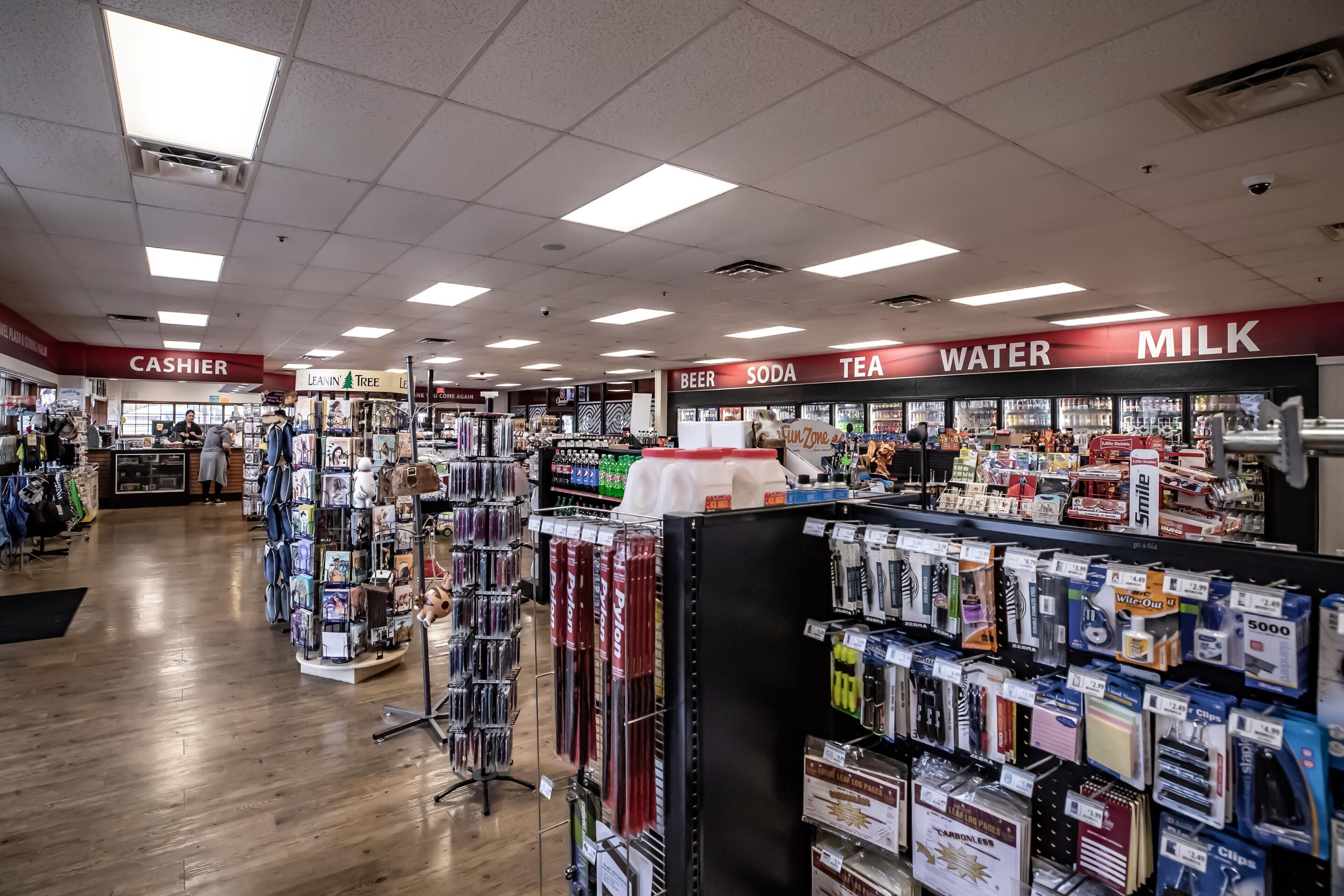 A store with aisles labeled 'Cashier', 'Beer', 'Soda', 'Tea', 'Water', and 'Milk'.