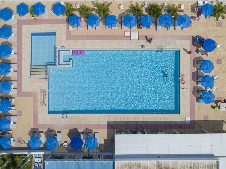 Outdoor pool, pool umbrellas, pool loungers