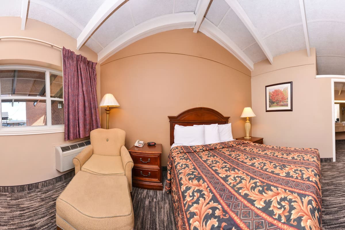 A hotel room with a bed, a desk, a chair, a TV, a microwave, and a window with curtains.