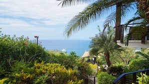 Um jardim exuberante que leva a uma varanda com vista para o mar.