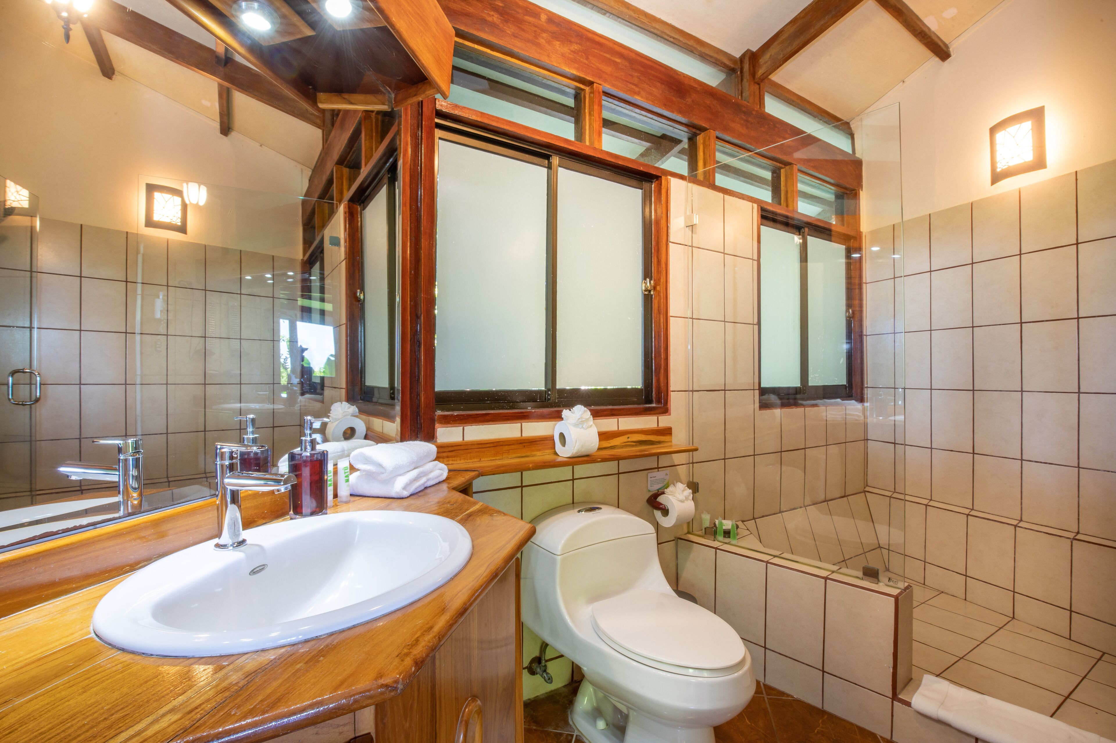 A bathroom with a wooden vanity, a white sink, a toilet, and a large mirror.