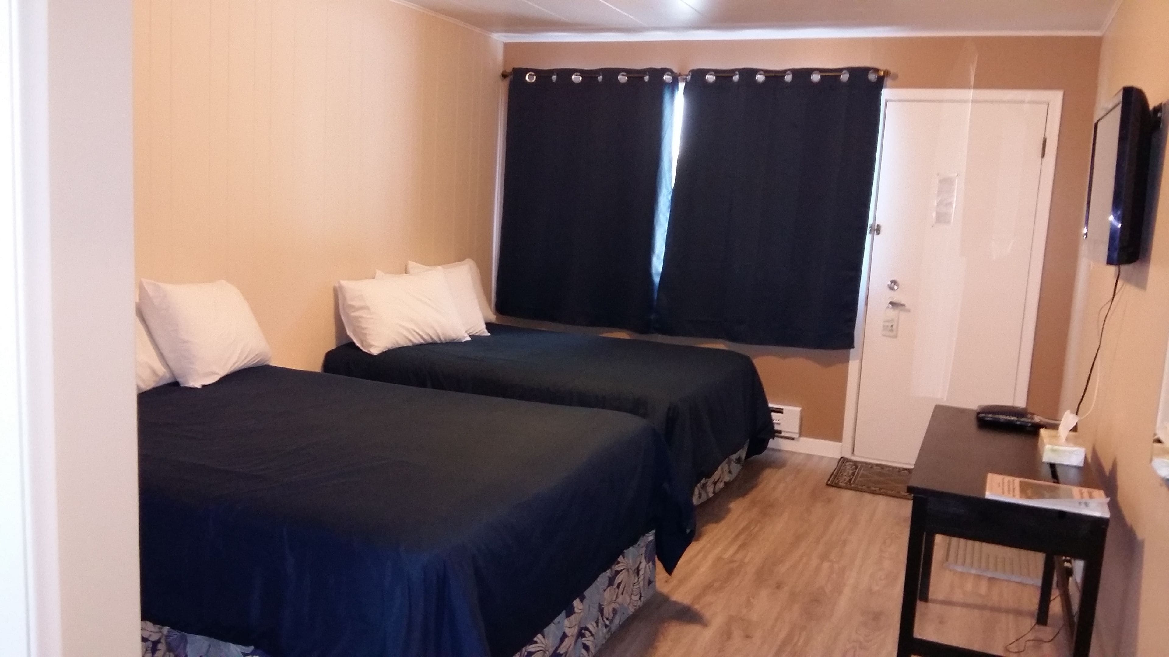 A room with two beds, a desk, a television, and a door.