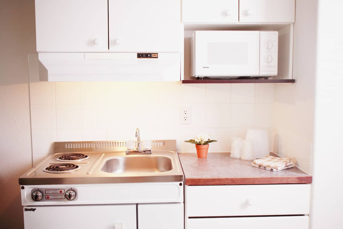 A kitchen with a stove, sink, microwave, and a potted plant on the counter.