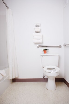 Une salle de bain avec des toilettes blanches, un rideau de douche, un porte-serviettes, une barre d’appui et une petite plante en pot.