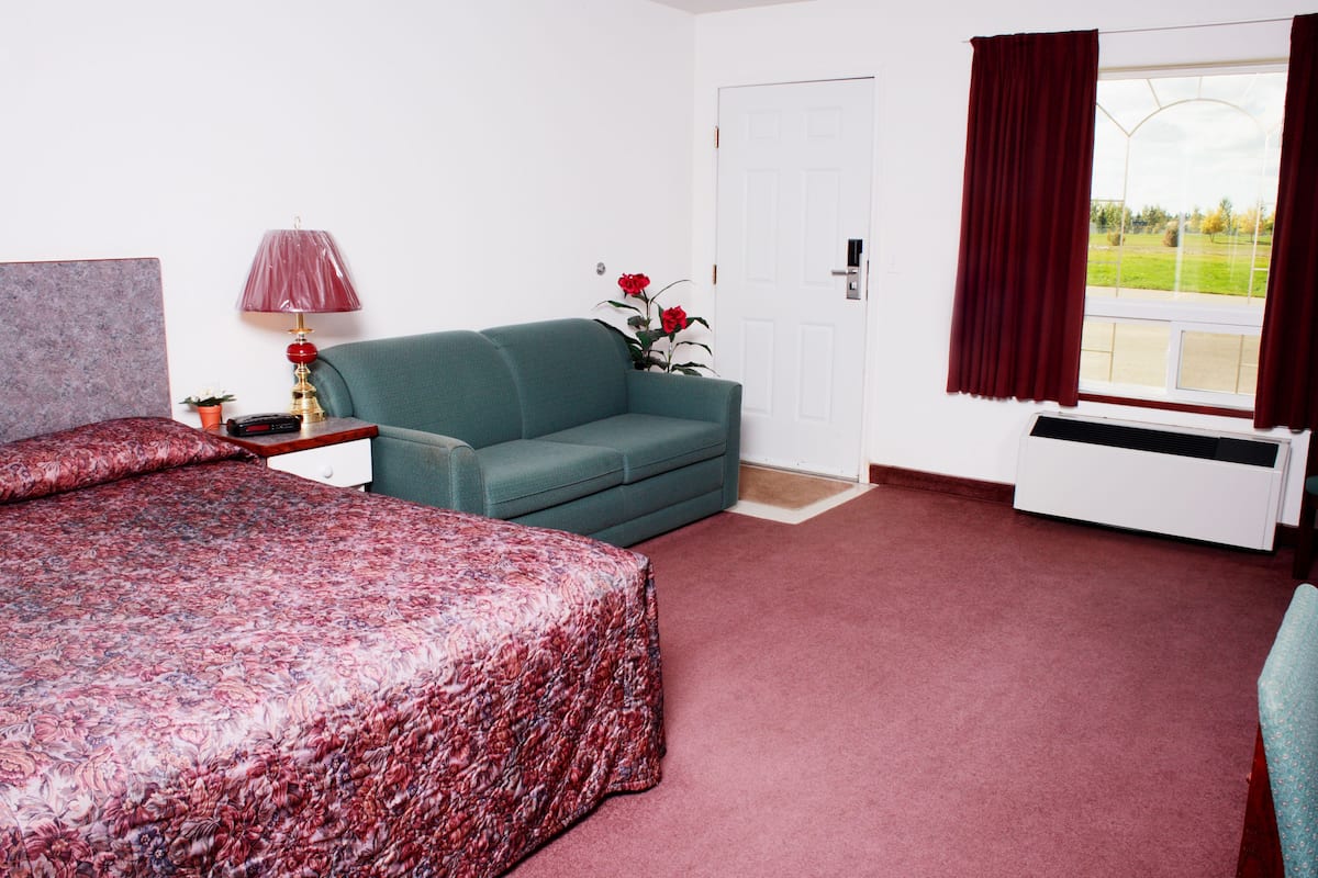 A hotel room with a bed, a sofa, a lamp, a window with curtains, and a radiator.