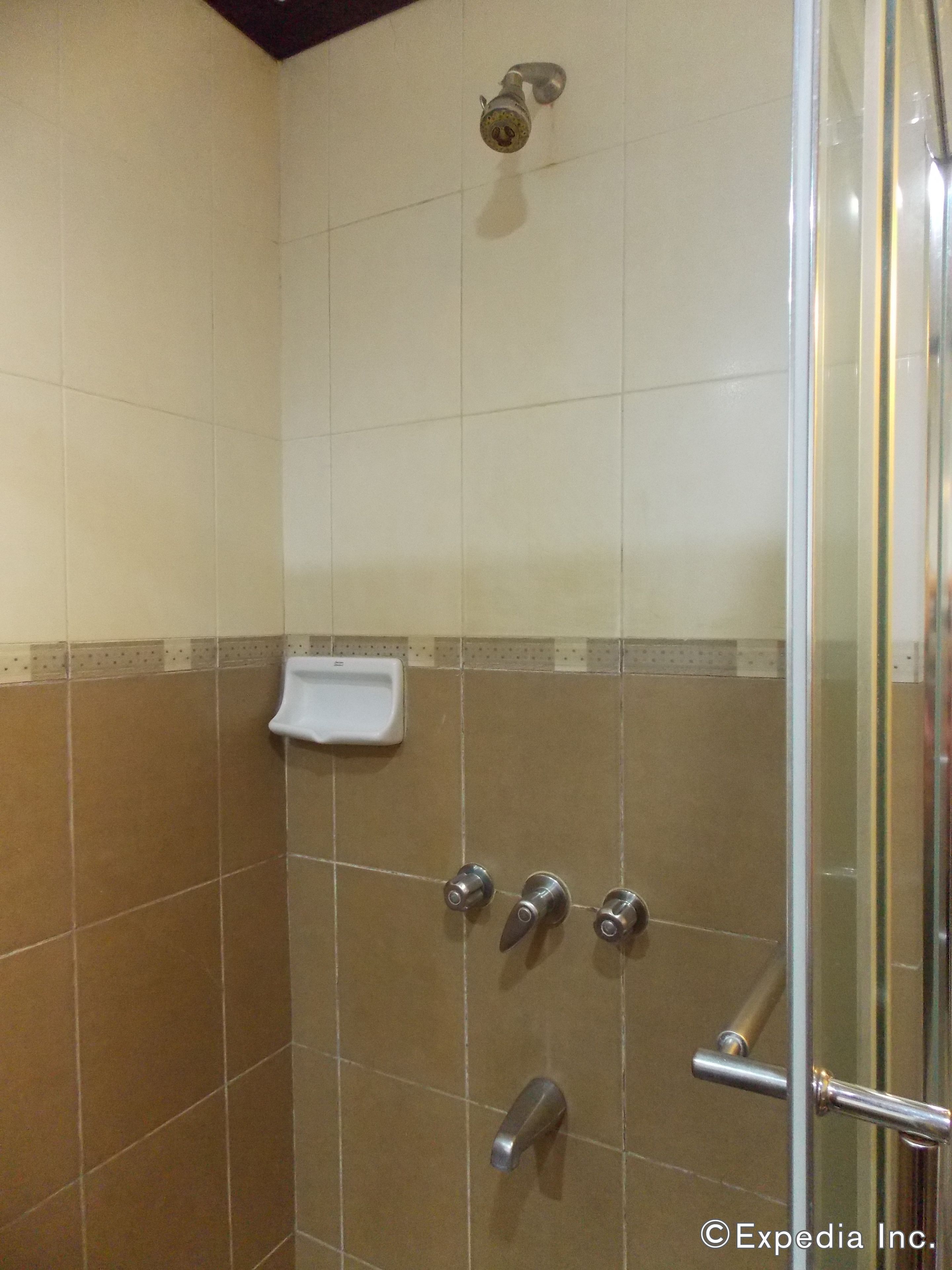 Eine Dusche mit Glastür, Duschbrause und Handfaucet.