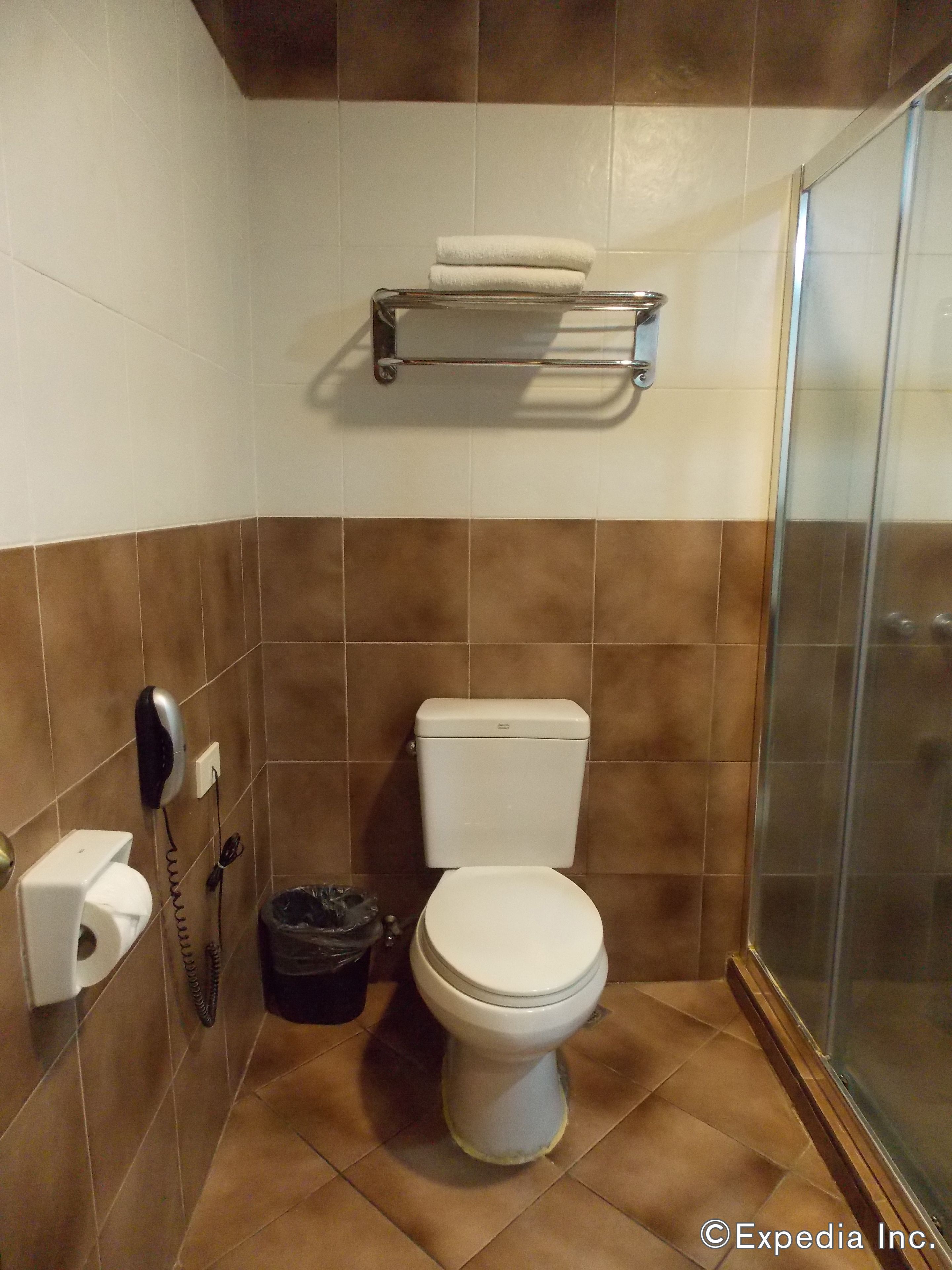 A bathroom with a toilet, a hand dryer, a trash bin, and a glass shower enclosure.
