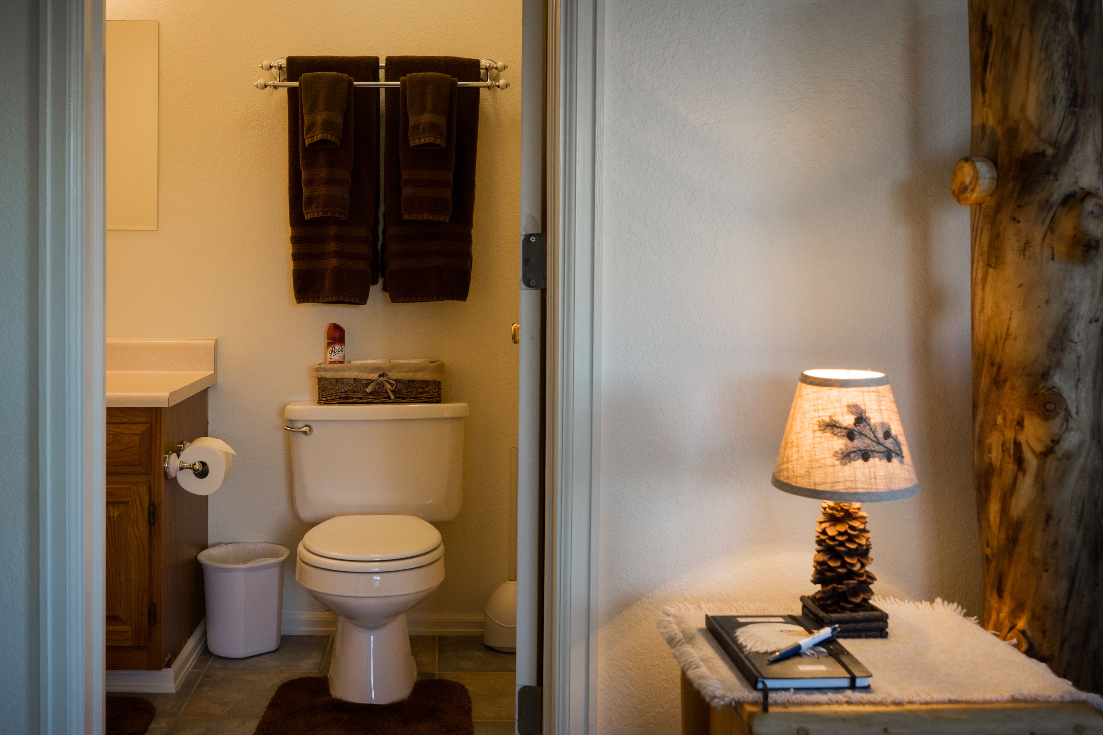 A bathroom with a toilet, a sink, a towel rack, and a small table with a lamp.