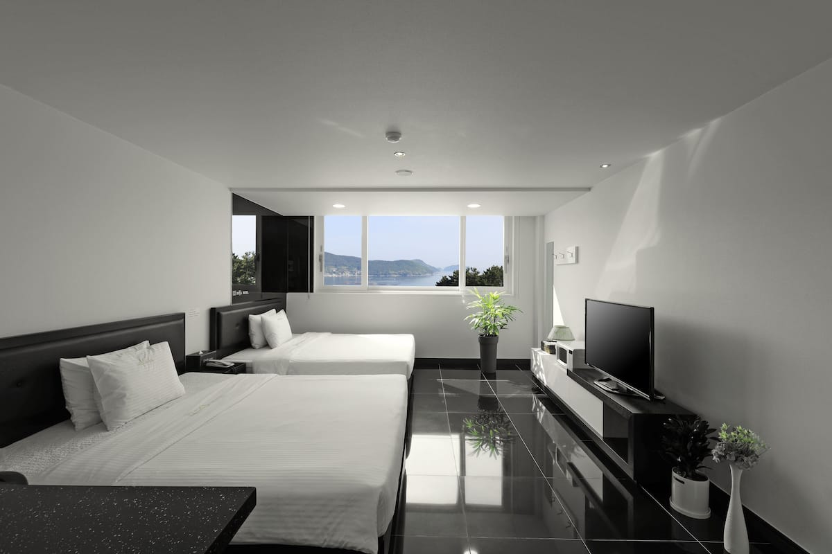 A modern hotel room with two beds, a flat-screen TV, a potted plant, and a view of the outdoors.