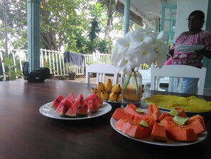 A table with plates of watermelon and cantaloupe, a vase with white flowers, and a chair with a person in the background.