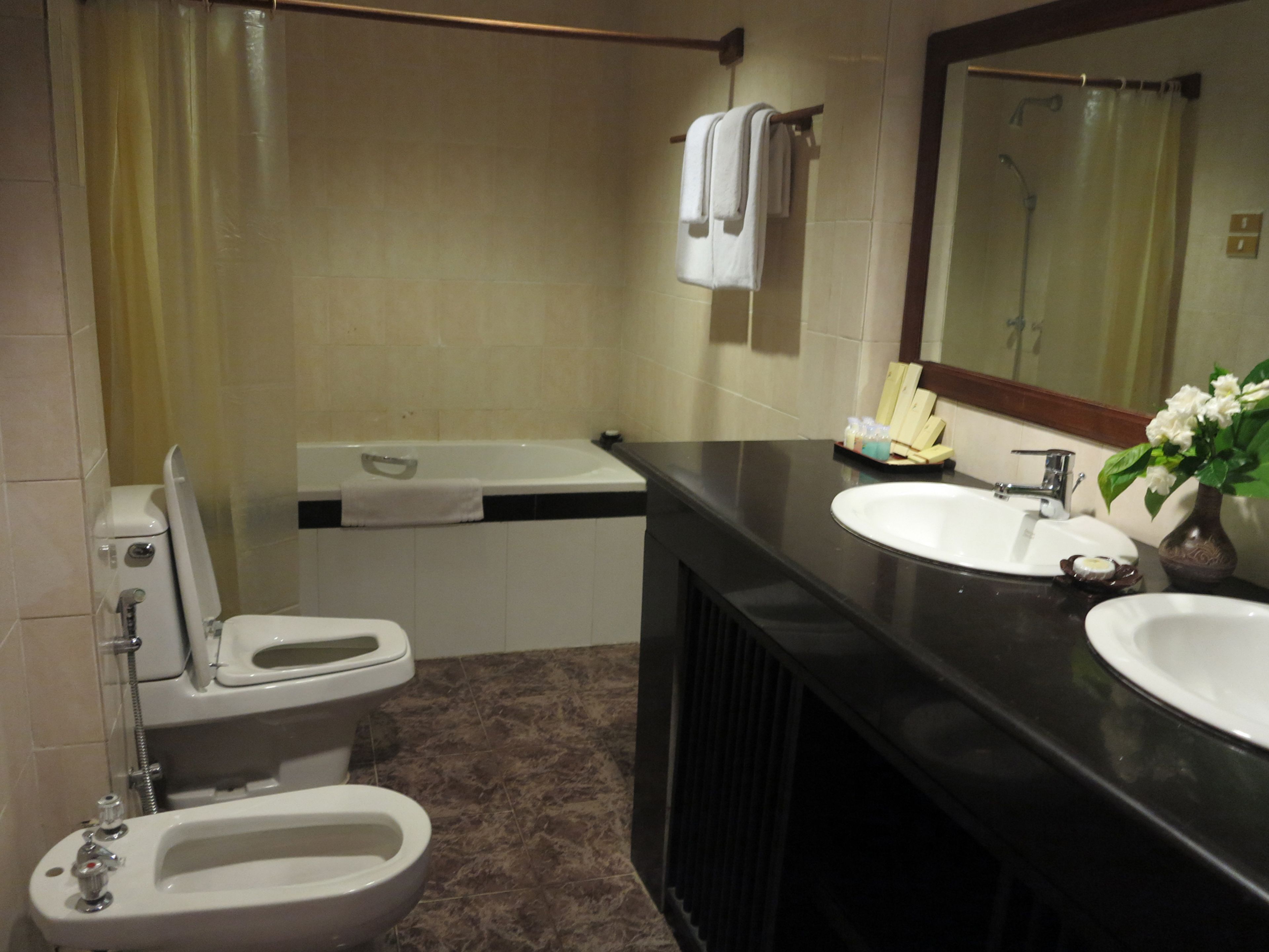A bathroom with a toilet, bidet, sink, and mirror.