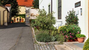 A narrow street with cobblestone pavement, a white building with a sign reading 'Hotel Adalbert,' and lush greenery in front. - Hotel Adalbert (Prague)