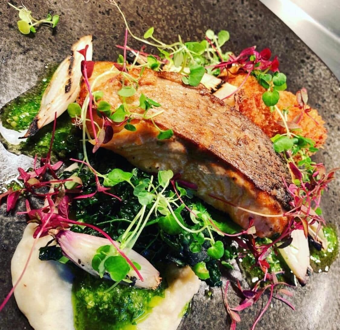 A plate of food with a piece of salmon, greens, and sprouts.
