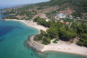 Sun-loungers, beach umbrellas, beach towels, scuba diving