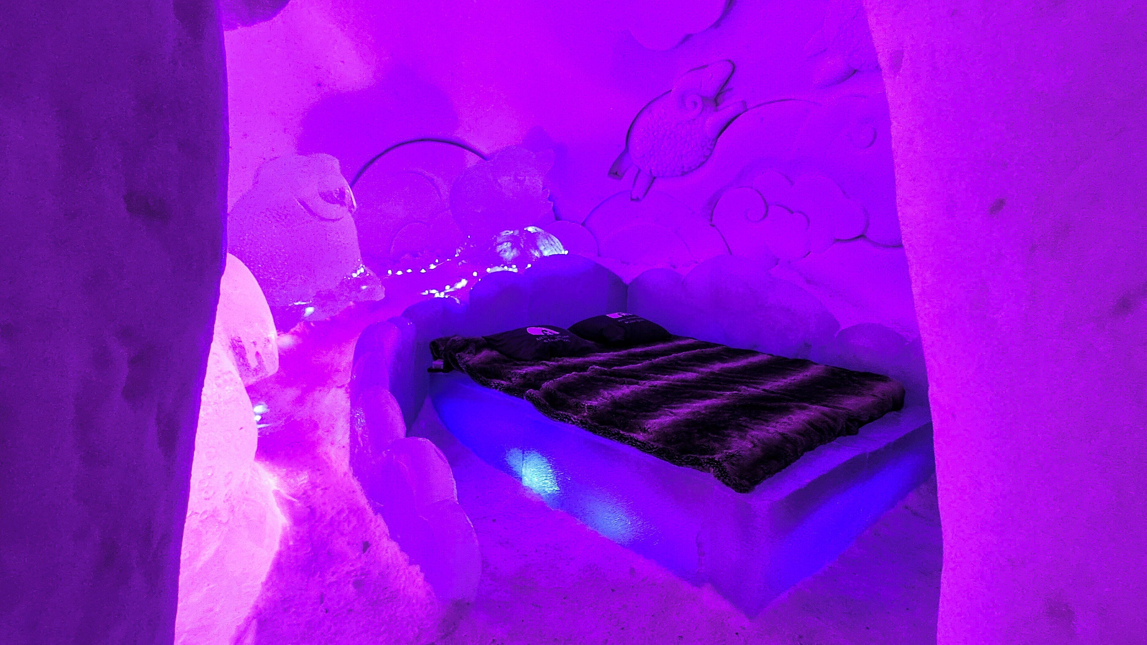 A room with a bed in a cave-like structure, illuminated by purple lighting.