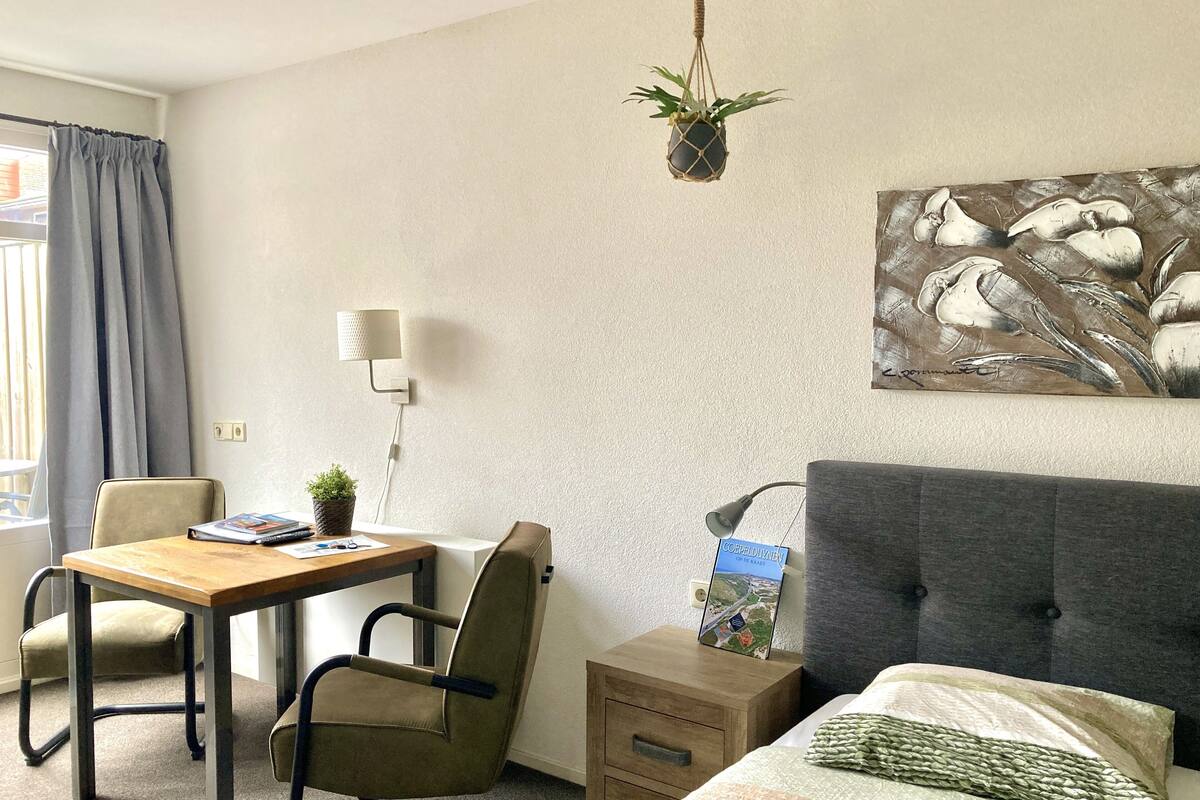 Quarto com cama, escrivaninha com cadeira, mesa de cabeceira, luminária, planta suspensa e um quadro.
