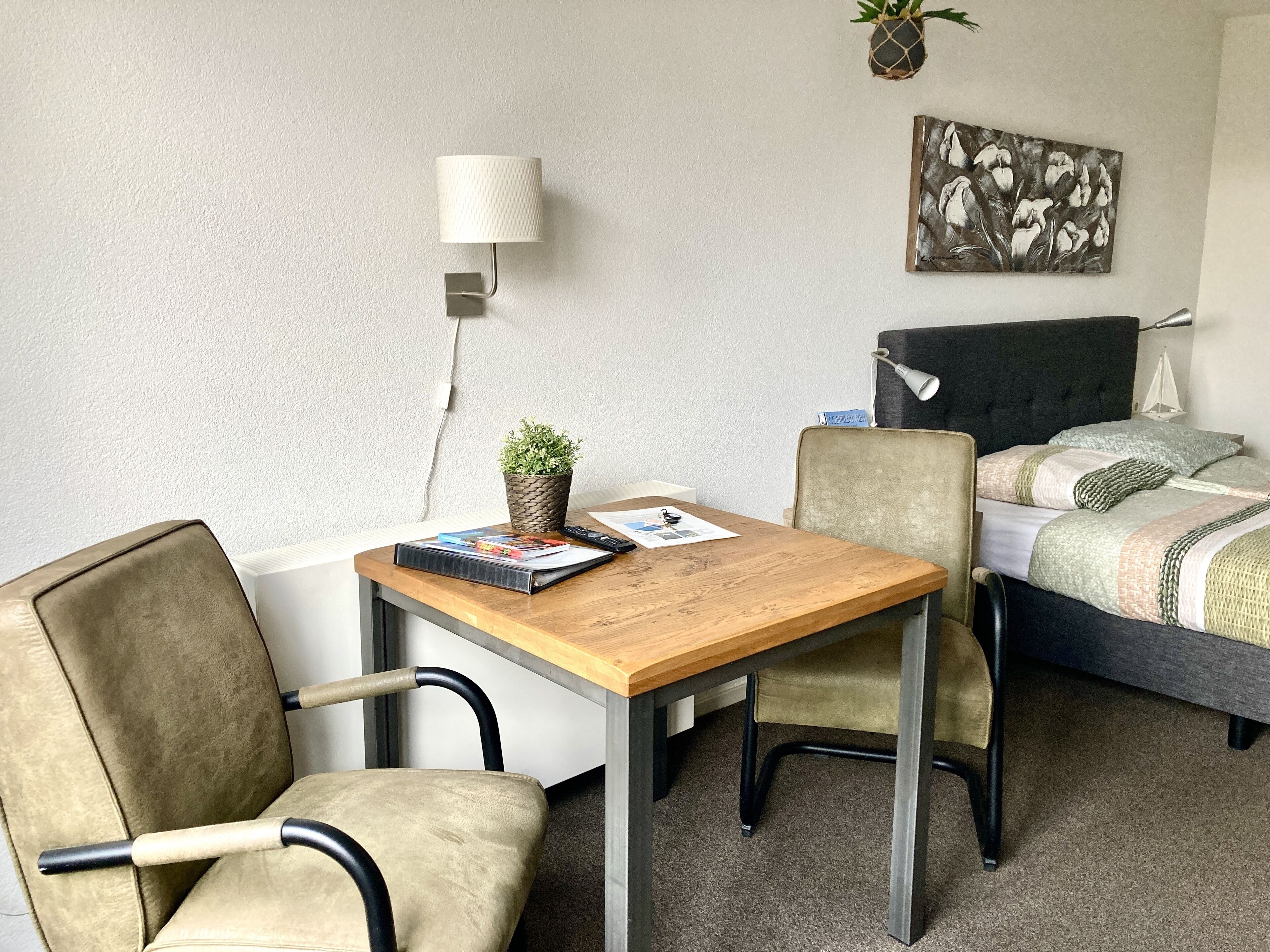 A compact hotel room with a wooden desk, a chair, a bed with a headboard, a wall-mounted lamp, a framed artwork, and a small potted plant.