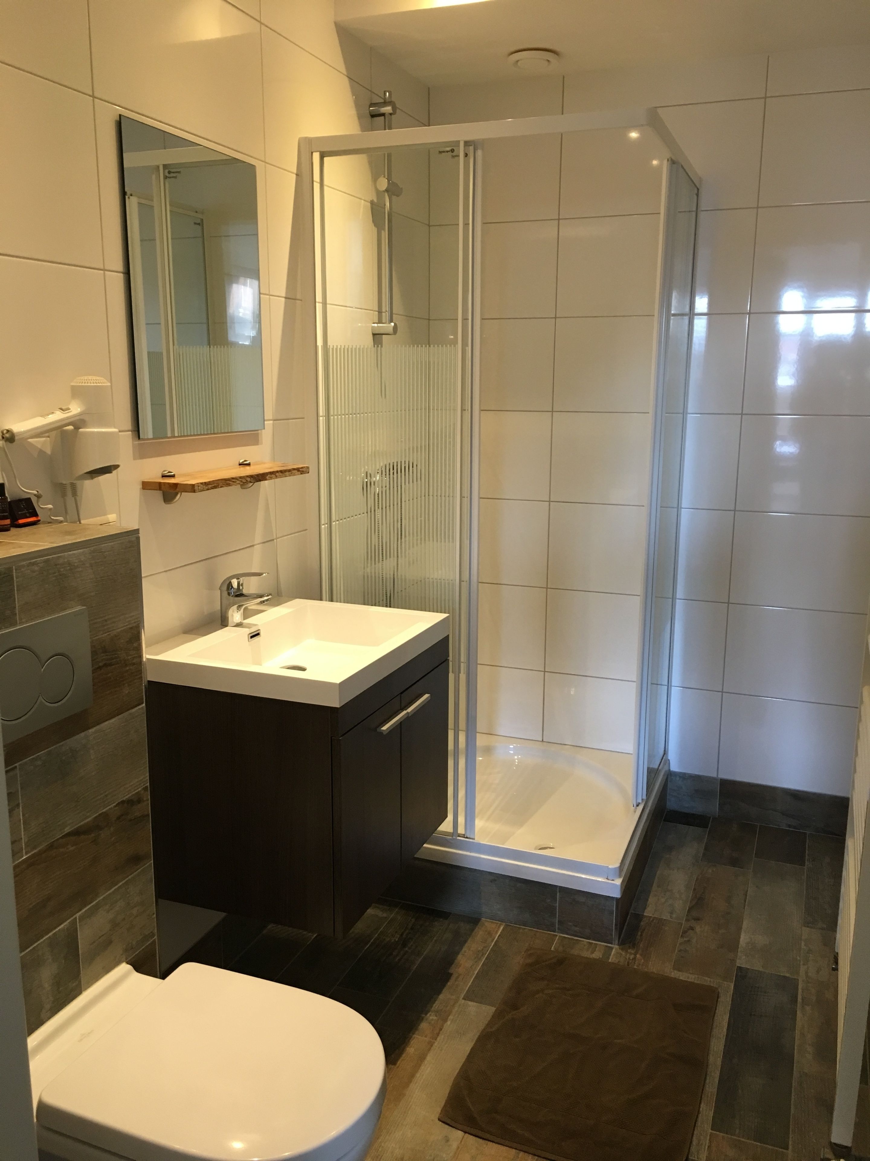 A modern bathroom with a glass-enclosed shower, a sink with a mirror above, and a toilet.