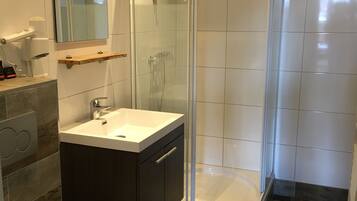 A modern bathroom with a glass-enclosed shower, a sink with a mirror above, and a toilet.