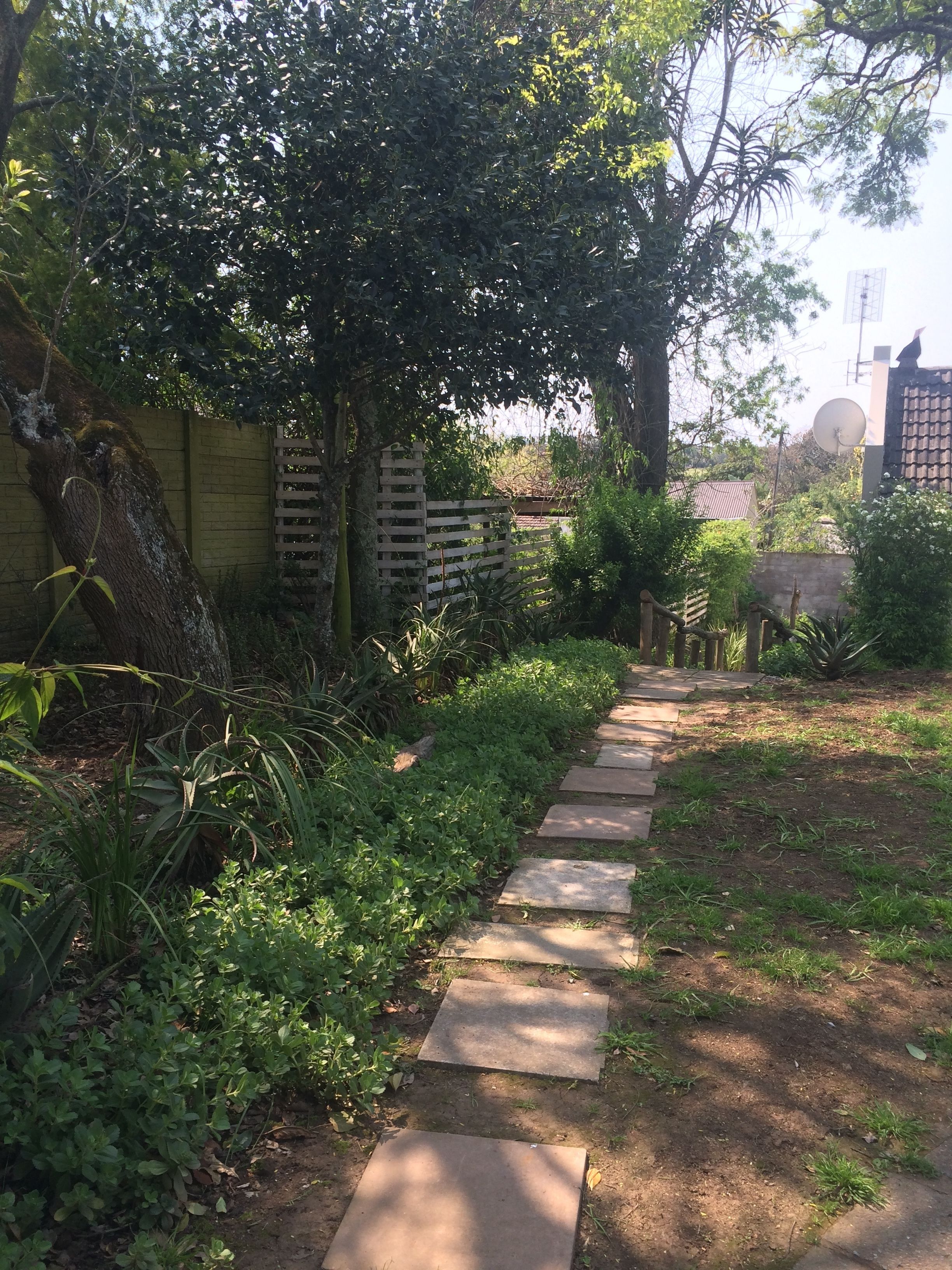Un sentier de jardin bordé d’une clôture en bois et entouré d’une végétation luxuriante.