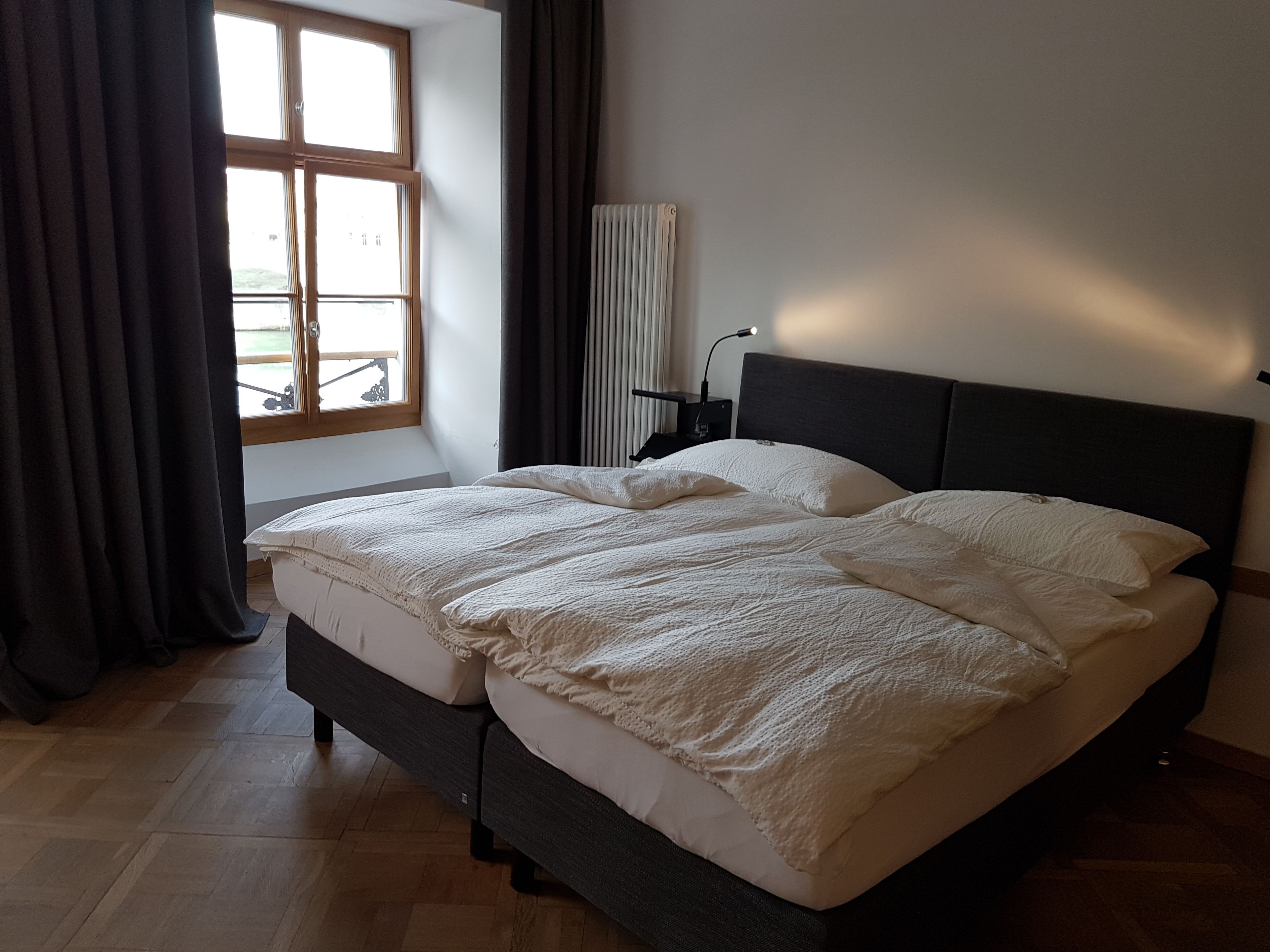 double room, river view | in-room safe, desk, blackout curtains, soundproofing