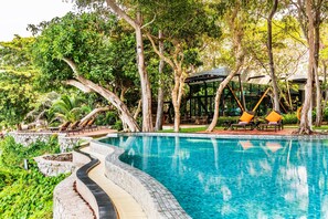 Outdoor pool, pool umbrellas, pool loungers