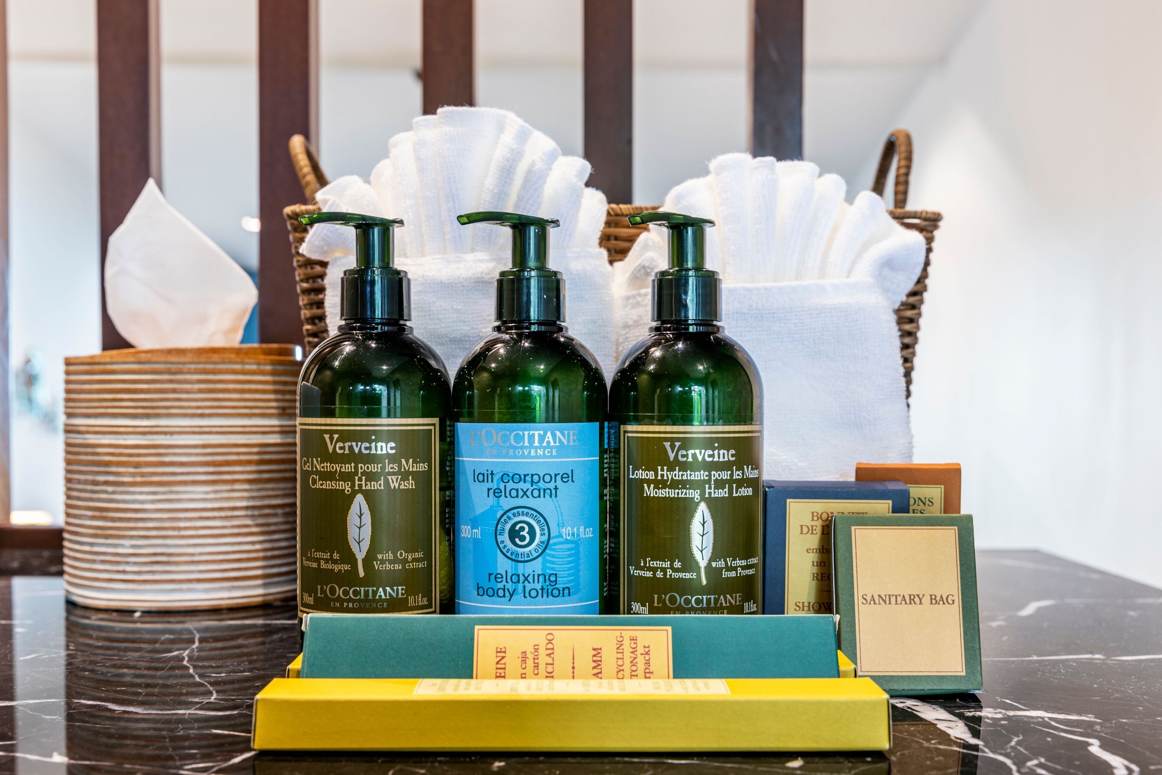 separate bathtub and shower, designer toiletries, hair dryer, bathrobes