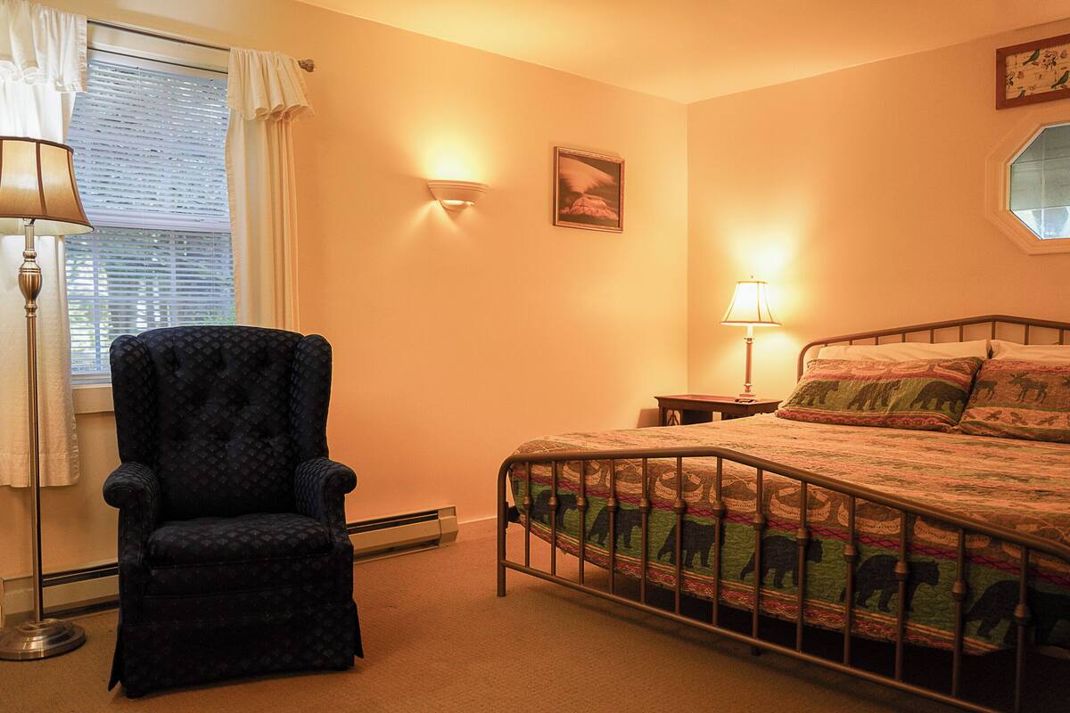 Ein Schlafzimmer mit Bett, Stuhl, Nachttisch, Lampe, Fenster mit Jalousien und einem Wandbild.