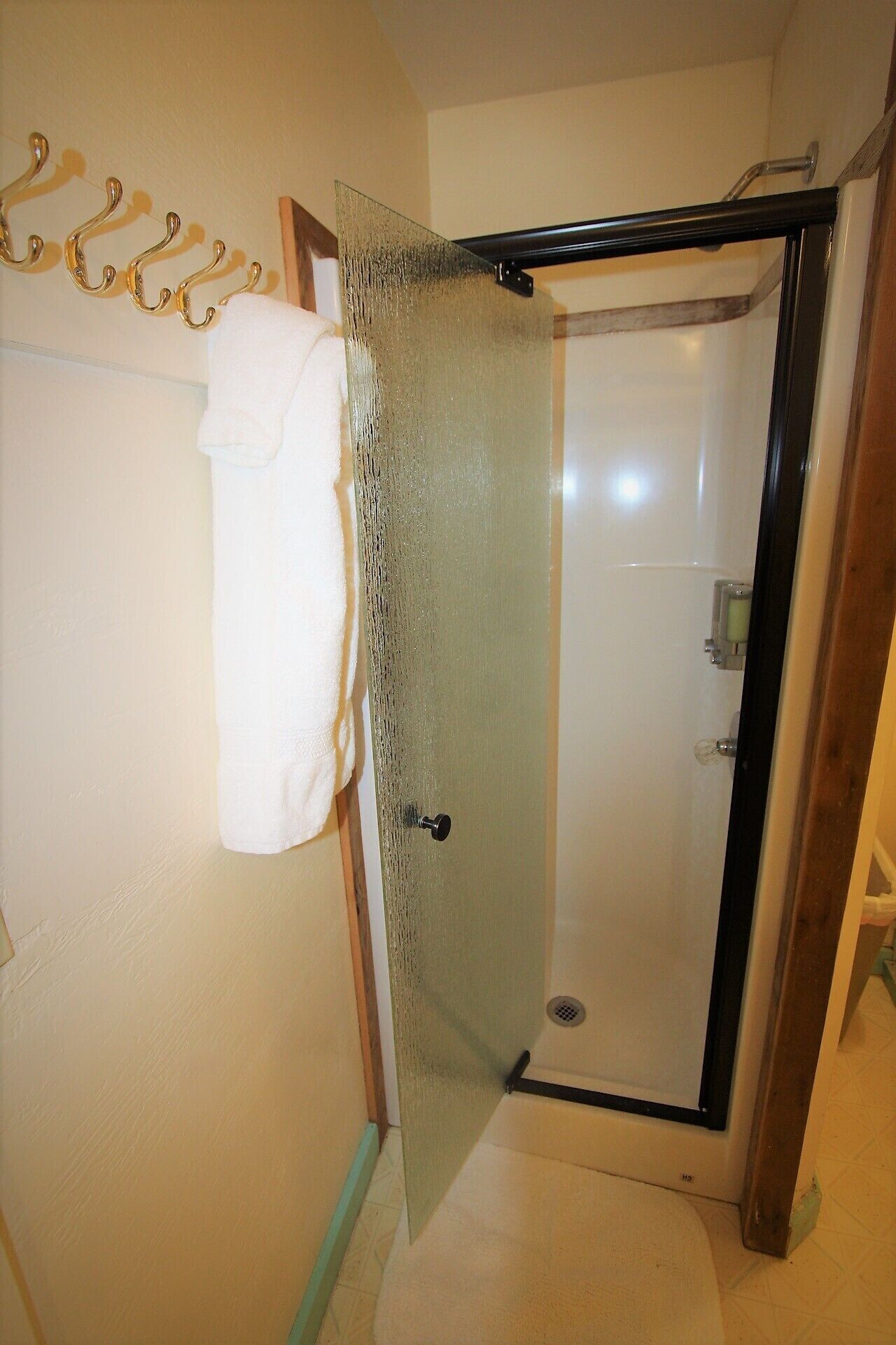 A bathroom with a glass shower door, a towel hanging on a hook, and a wooden frame around the door.