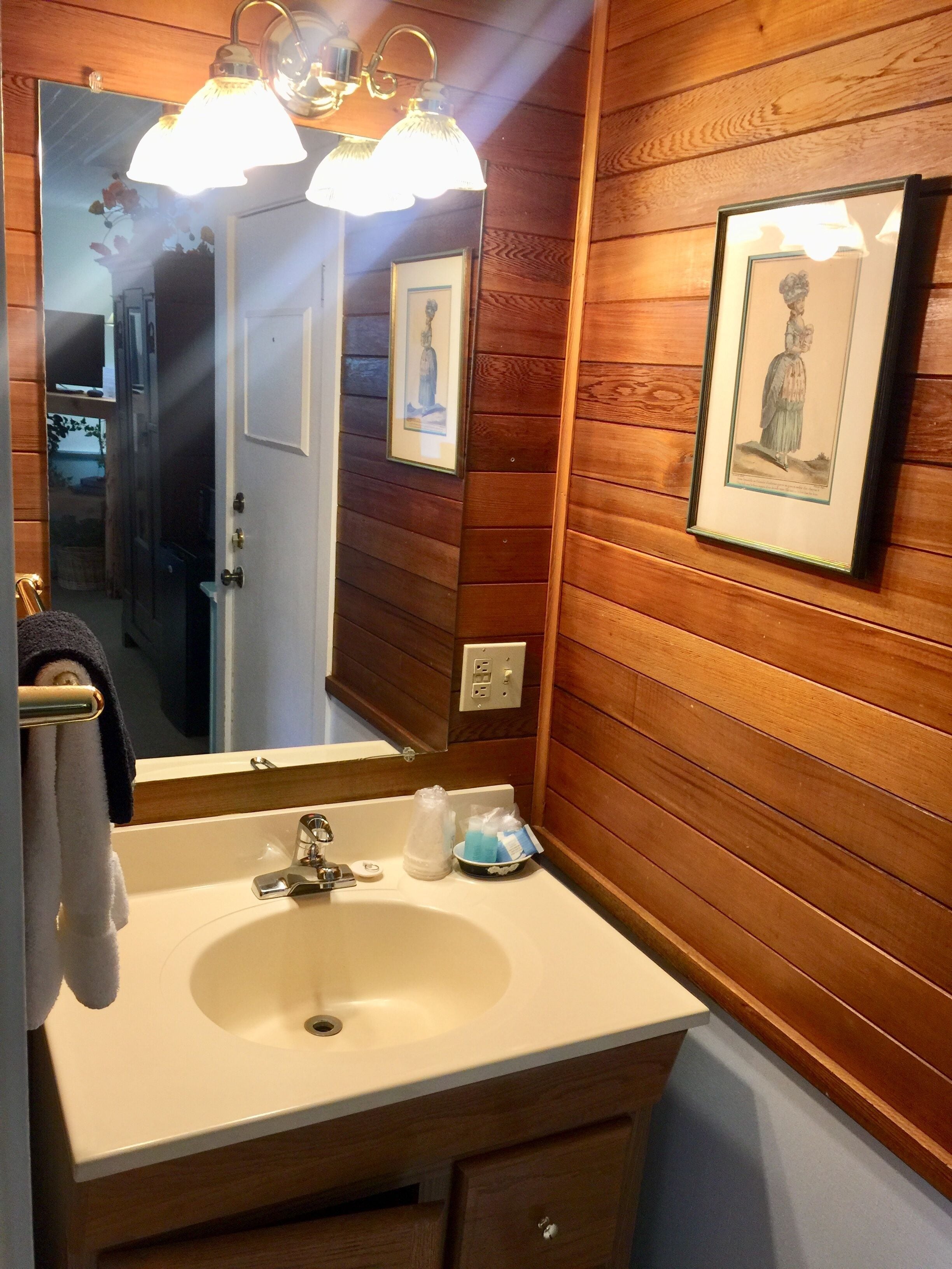 A bathroom with wooden paneling, a white sink, a mirror, and two framed pictures on the wall.