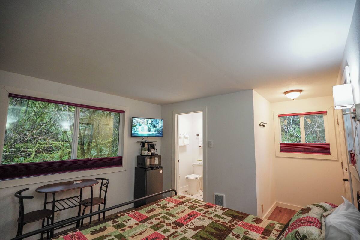 Ein Schlafzimmer mit Bett, Fernseher, Schreibtisch und Fenster mit Blick auf Bäume.
