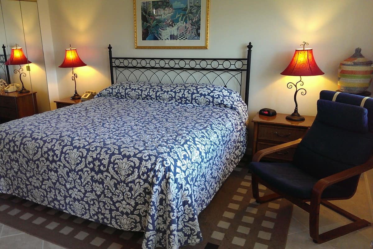 Un dormitorio con una colcha estampada, dos lámparas de noche, una silla, una mesita de noche con un teléfono y un cuadro en la pared.
