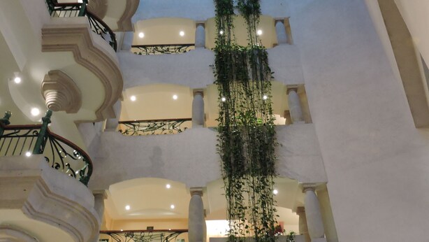 A multi-level atrium with a glass ceiling, balconies, and hanging greenery.