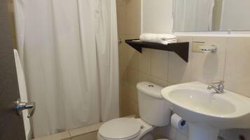 A bathroom with a toilet, sink, and shower curtain.
