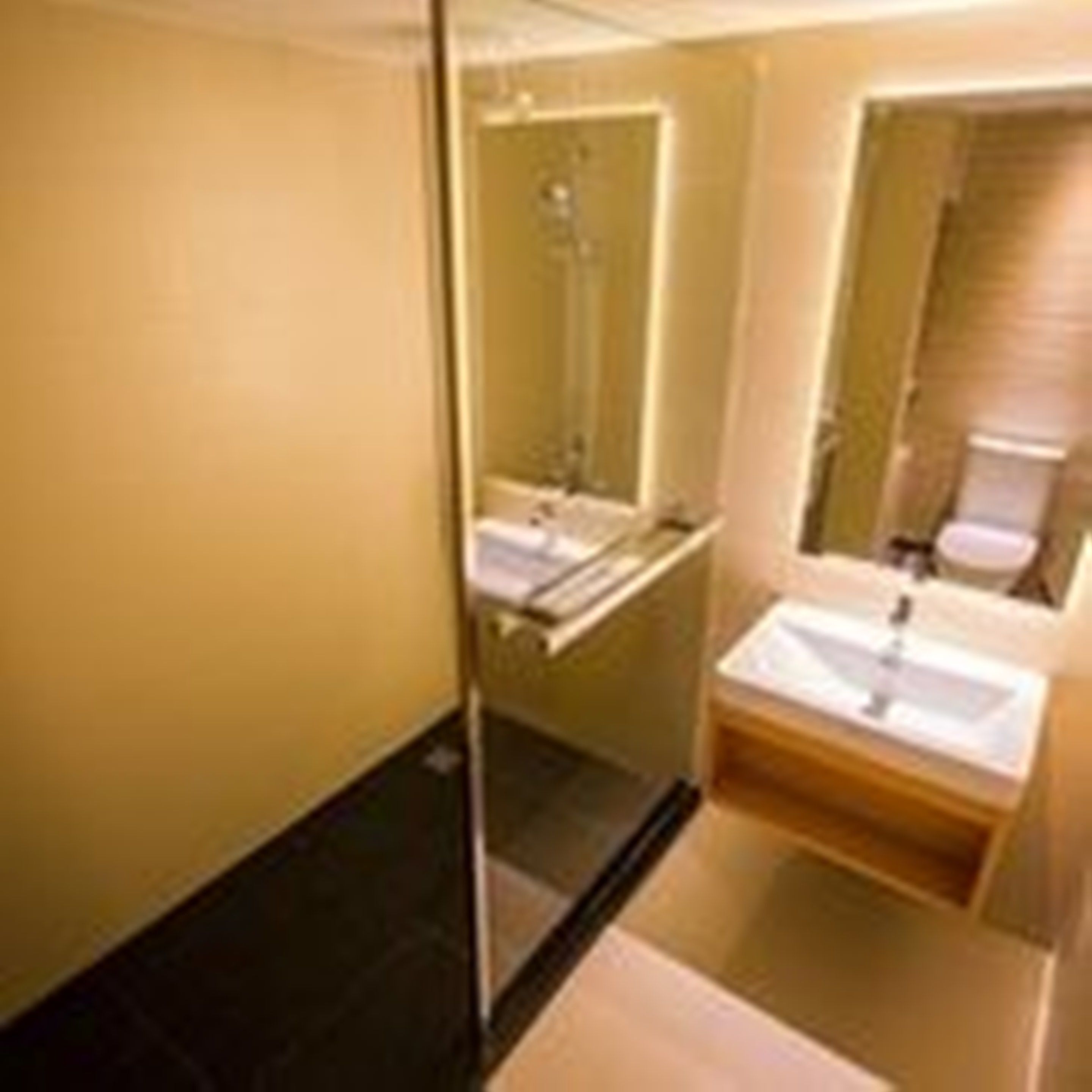 Ein modernes Badezimmer mit Glastrennwand, Waschbecken und Spiegel.