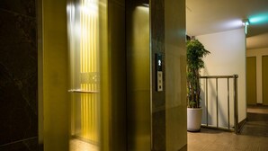 A modern elevator with a control panel and a potted plant beside it. - Gloryinn (Seoul)